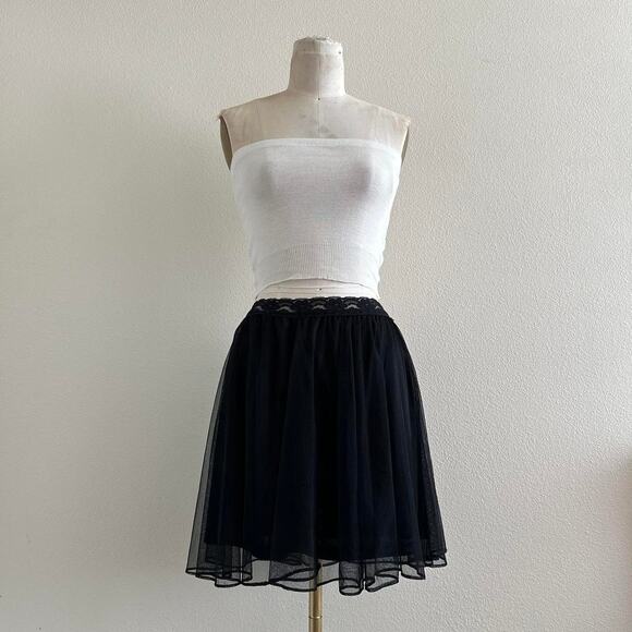 Vintage Dresses & Skirts - handmade black nylon sheer mesh mini skirt with lace detailing